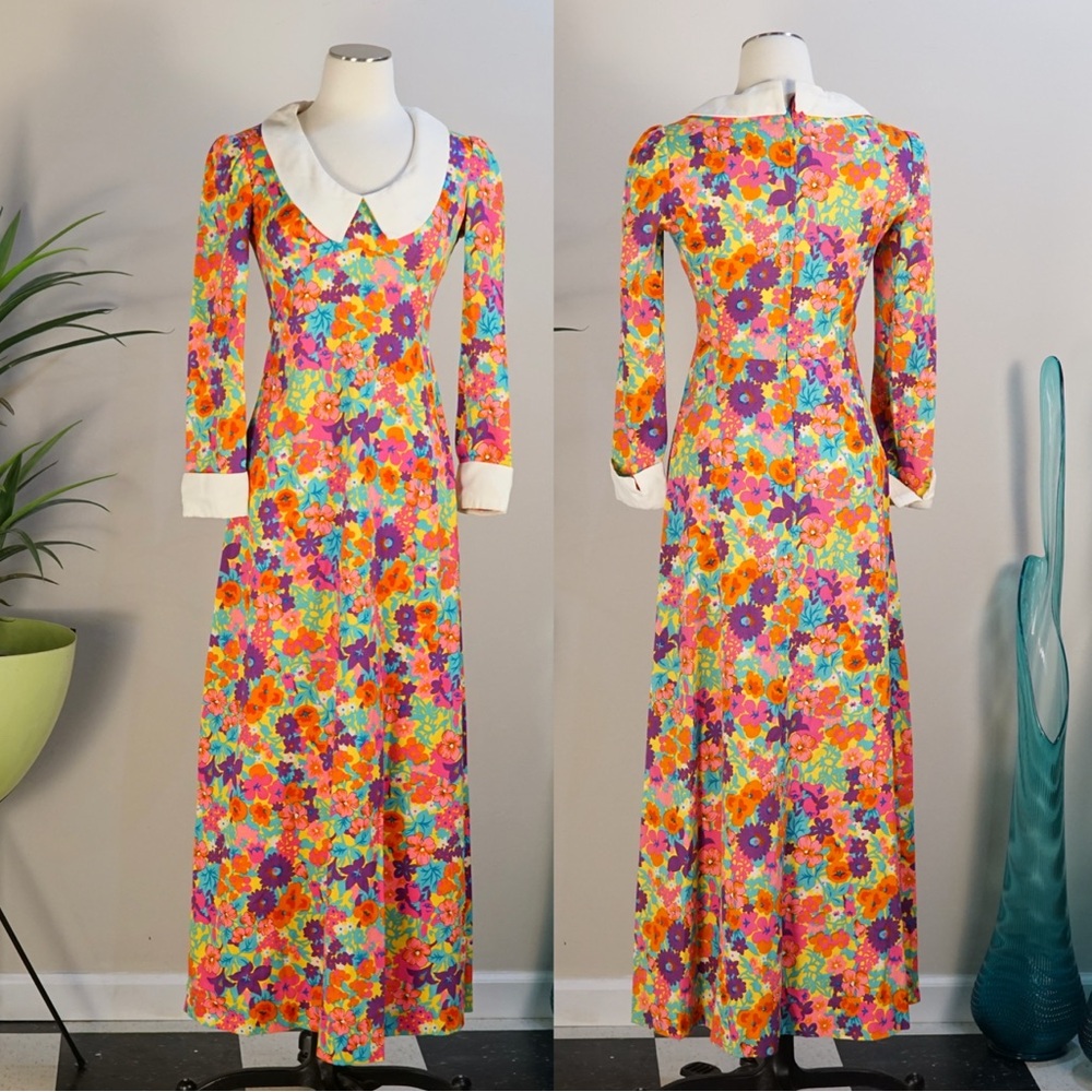Vintage 60s flower power barkcloth long sleeve dress peter pan collar xs/s
